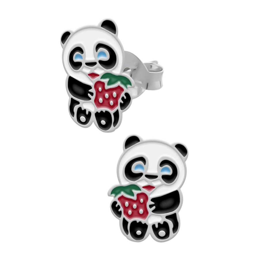 Kids Collectie WeLoveSilver | Zilveren Oorstekers, Panda Met Aardbei