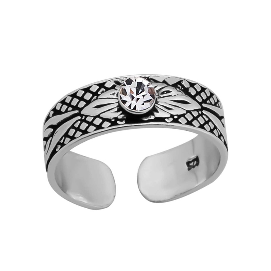 Ringen WeLoveSilver | Zilveren Teenring, Bewerkte, Geoxideerde Band Met Kleurloze Kristal