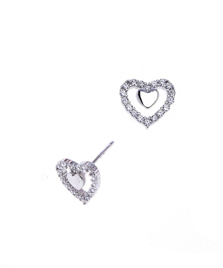 Oorbellen WeLoveSilver | Rhodium Plated Hartjes Oorsteker Met Cubic Zirkonia Steentjes