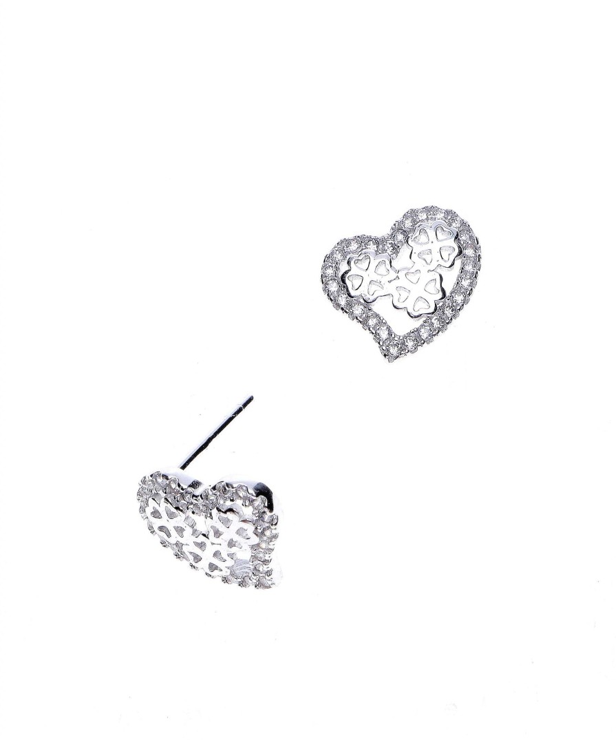 Oorbellen WeLoveSilver | Rhodium Plated Hartvormige Oorsteker Met Cubic Zirkonia Steentjes