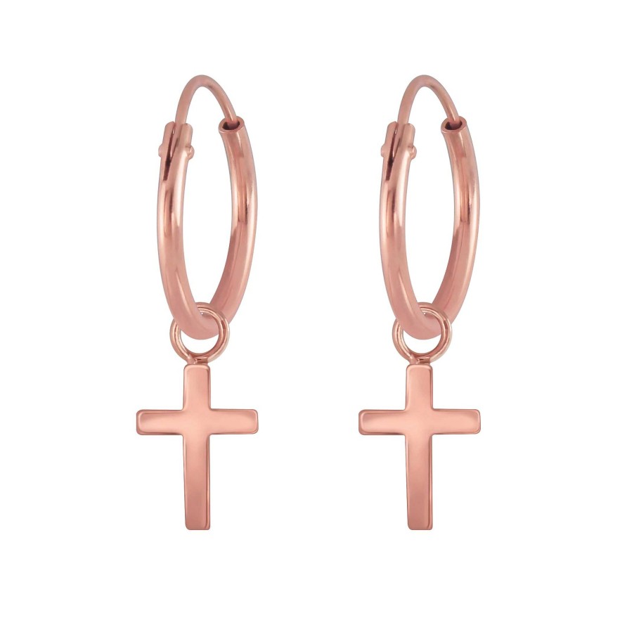 Oorbellen WeLoveSilver | Rose Gold Plated Oorringen Met Hanger, Kruisje