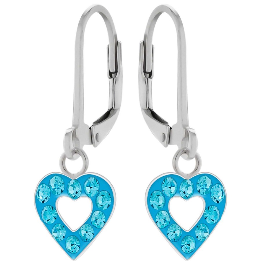 Kids Collectie WeLoveSilver | Zilveren Oorhangers, Blauw Hartje Met Kristallen