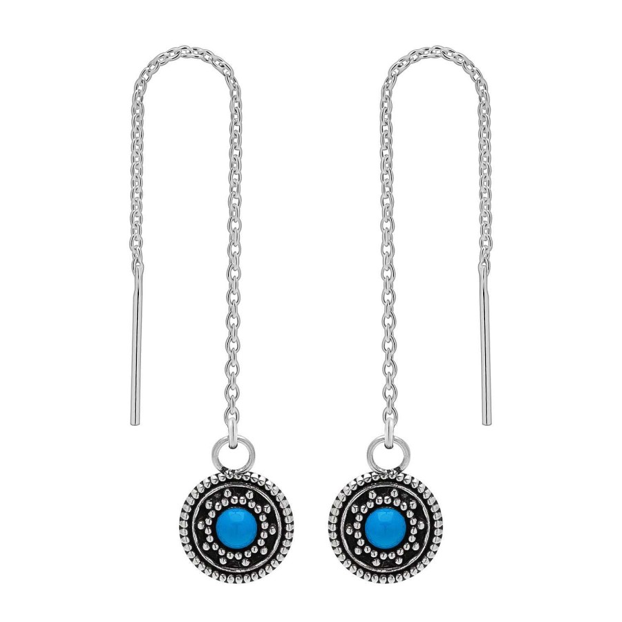 Oorbellen WeLoveSilver | Zilveren Chain Oorbellen, Cirkel Met Zonnetje En Blauwe Steen