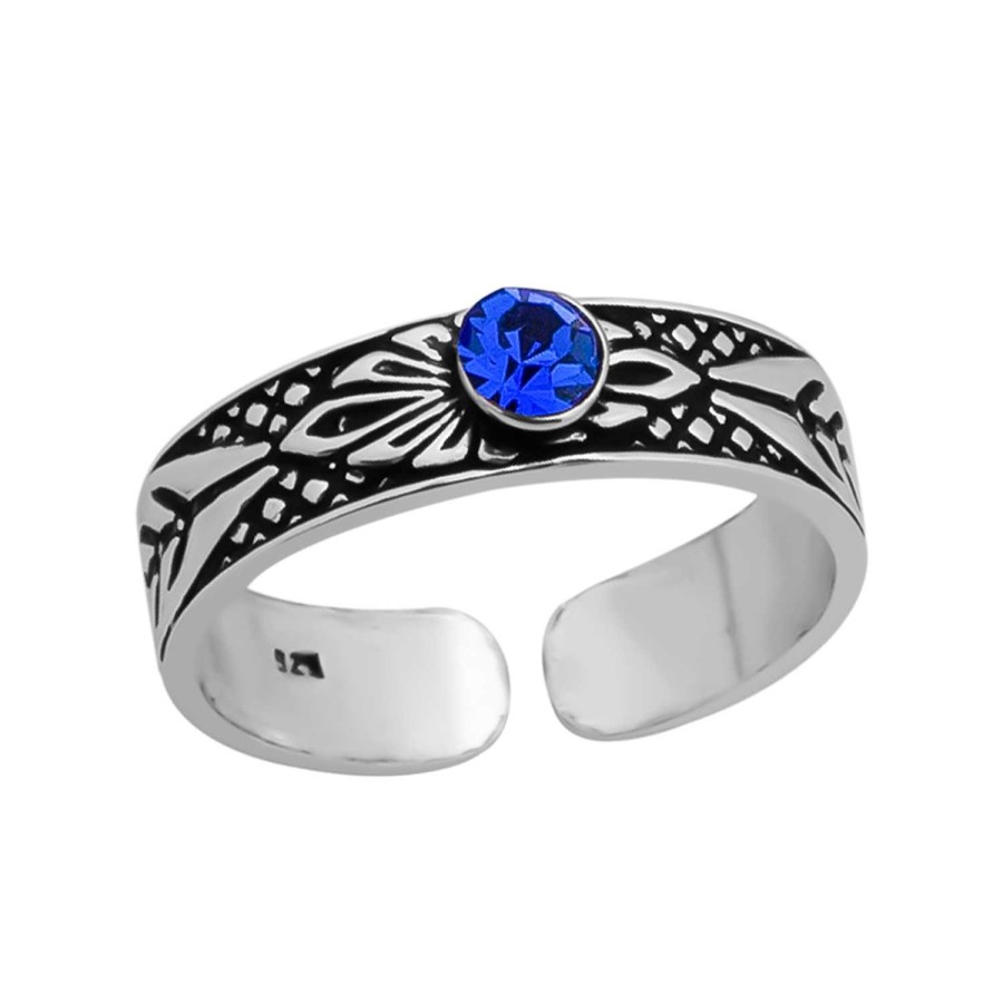 Ringen WeLoveSilver | Zilveren Teenring, Bewerkte, Geoxideerde Band Met Capri Blue Kristal