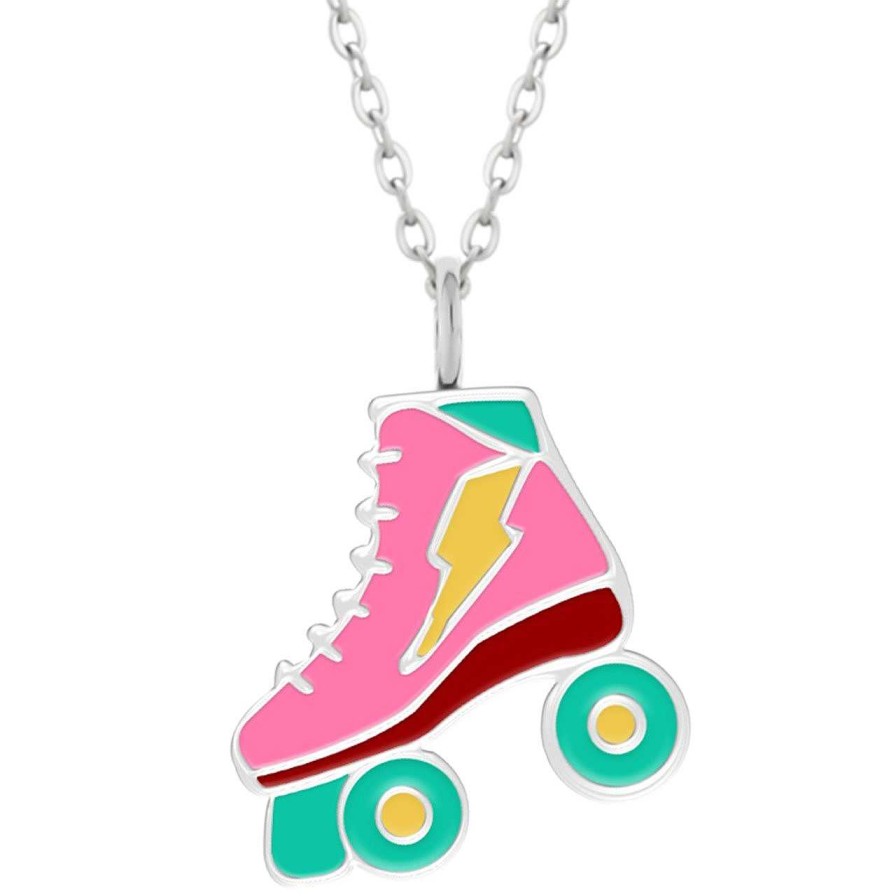 Kids Collectie WeLoveSilver | Zilveren Ketting, Roze Rolschaats Met Bliksemschicht