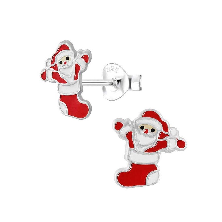 Kids Collectie WeLoveSilver | Zilveren Oorstekers, Blije Kerstman Uit Sok