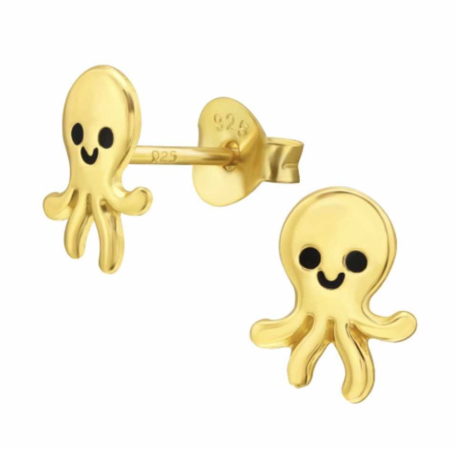 Kids Collectie WeLoveSilver | Gold Plated Oorstekers, Octopus Met Blij Gezicht