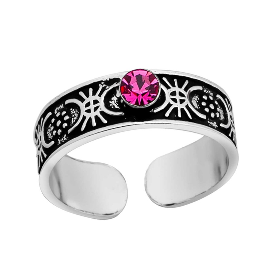 Ringen WeLoveSilver | Zilveren Teenring, Geoxideerde, Rijk Gedecoreerde Band Met Roze Kristal