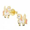 Kids Collectie WeLoveSilver | Gold Plated Oorstekers, Eenhoorn Met Vleugels En Gekleurde Manen