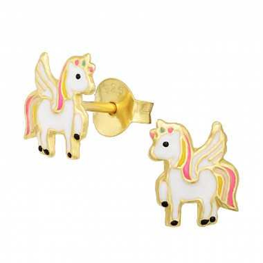 Kids Collectie WeLoveSilver | Gold Plated Oorstekers, Eenhoorn Met Vleugels En Gekleurde Manen