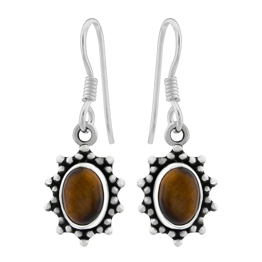 Oorbellen WeLoveSilver | Zilveren Oorhangers, Ovale Tiger Eye Steen Met Rand Van Bolletjes En Punten