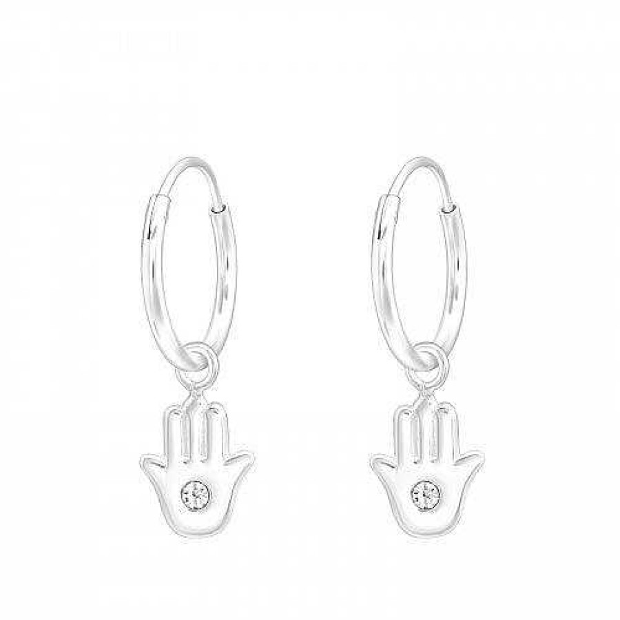 Oorbellen WeLoveSilver | Zilveren Oorringen Met Hanger, Hamsa Handje Met Kristal