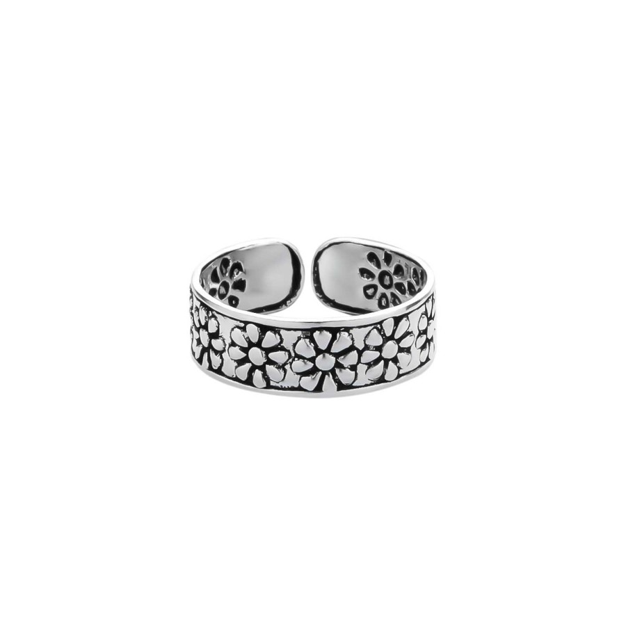 Ringen WeLoveSilver | Zilveren Teenring, Brede Band Met Bloemen