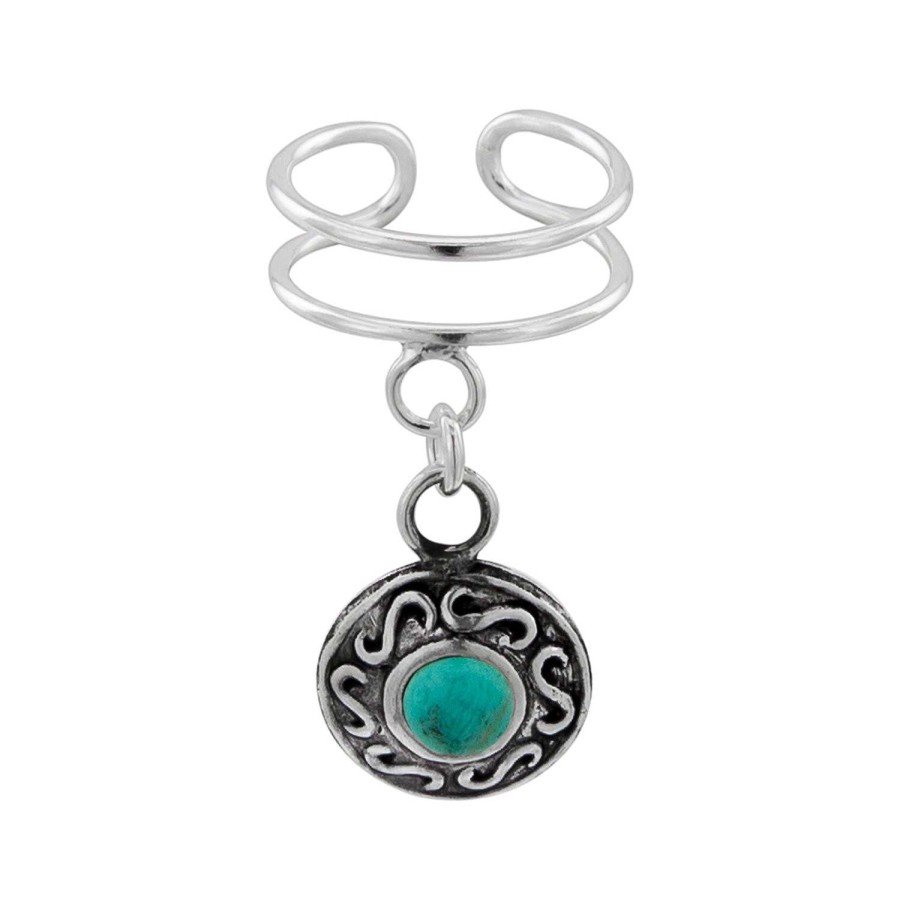 Oorbellen WeLoveSilver | Zilveren Ear Cuff Met Hanger, Cirkel Met Turquoise Steen