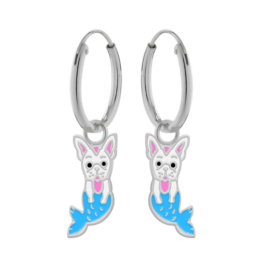 Kids Collectie WeLoveSilver | Zilveren Oorringen Met Hanger, Hond Met Blauwe Zeemeerminstaart