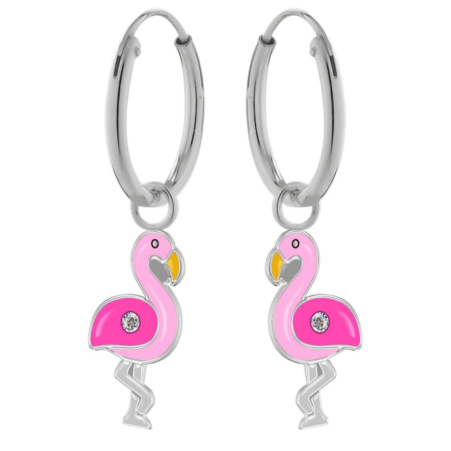 Kids Collectie WeLoveSilver | Zilveren Oorringen Met Hanger, Roze Flamingo Met Kristal