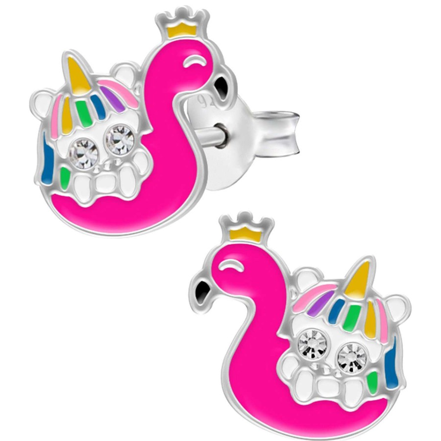 Kids Collectie WeLoveSilver | Zilveren Oorstekers, Flamingo Met Unicorn Met Ogen Van Kristal