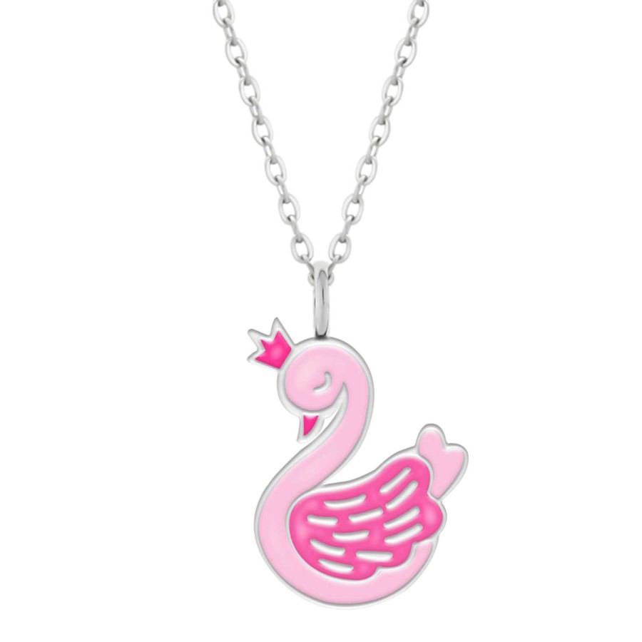 Kids Collectie WeLoveSilver | Zilveren Ketting Met Hanger, Roze Zwaan Met Kroontje